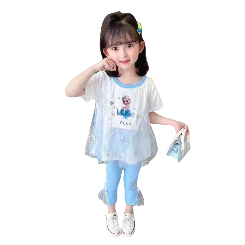 Girls Pants Set, Cartoon Print Tulle Patchwork T-shirt Cropped Pants