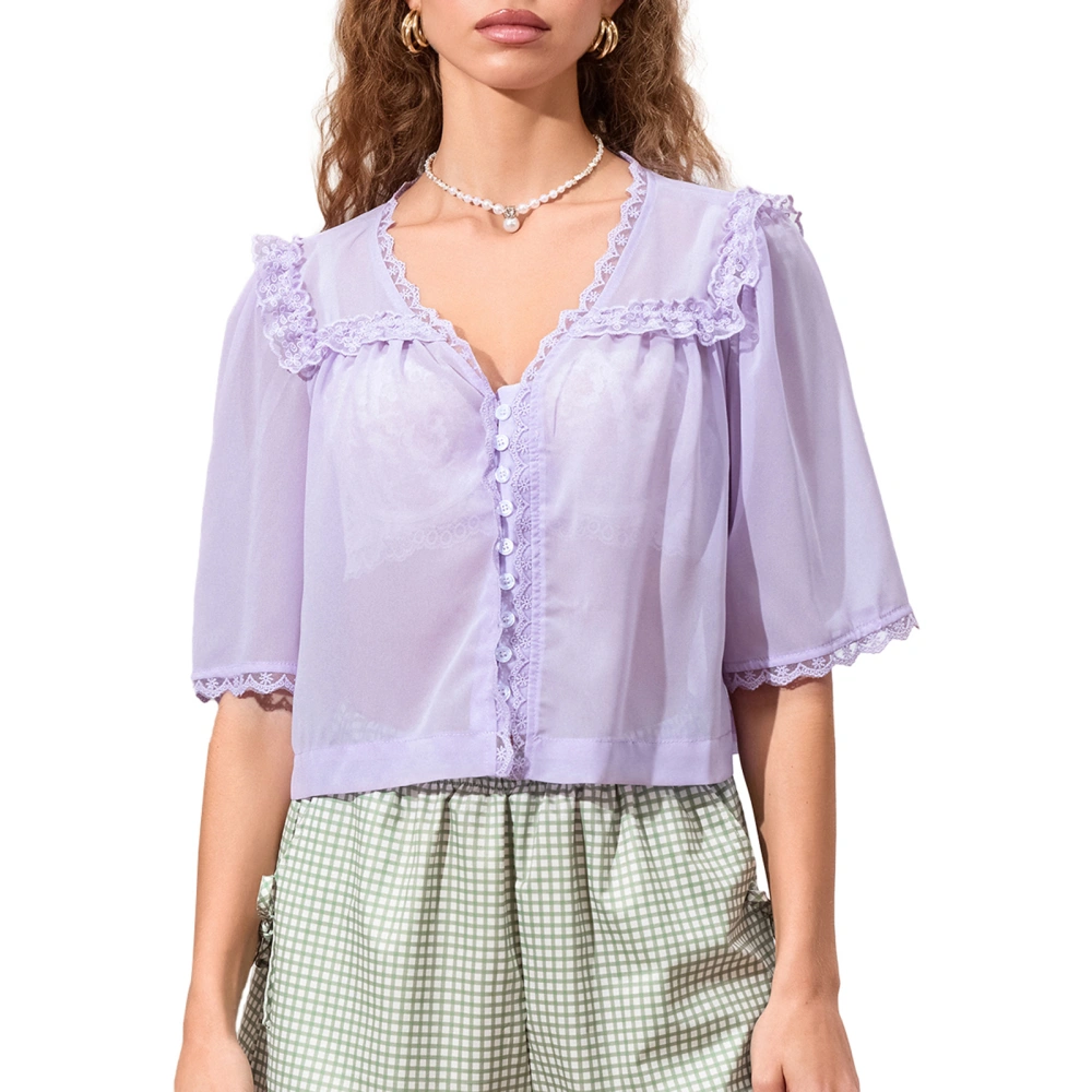 Women Short Sleeve Shirts Lace Ruffles Buttons Fashion Blouses