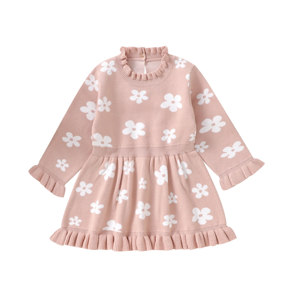 Kids Girl Long Sleeve Dress Floral Print Ruffle Sweater A-Line Dress