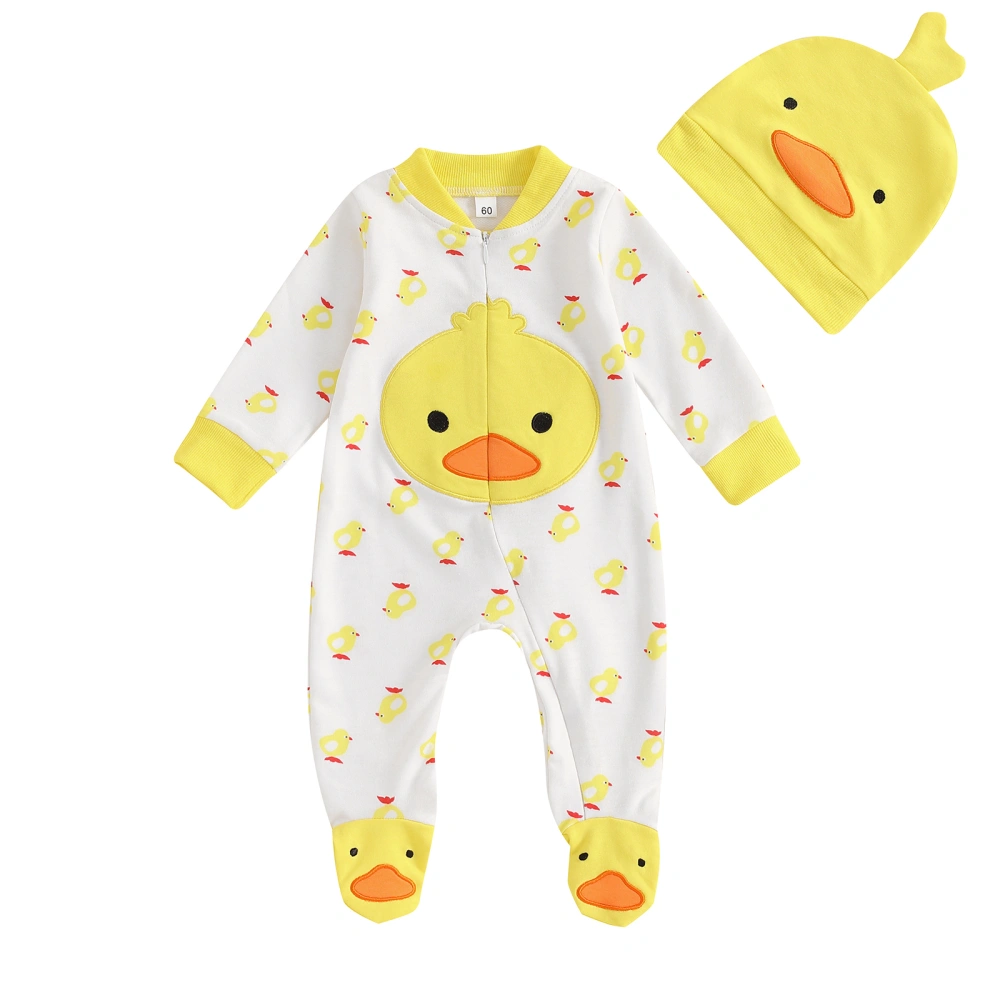 Newborn Boy Girl Duck Outfit, Full Length Footed Jumpsuit Duck Hat 