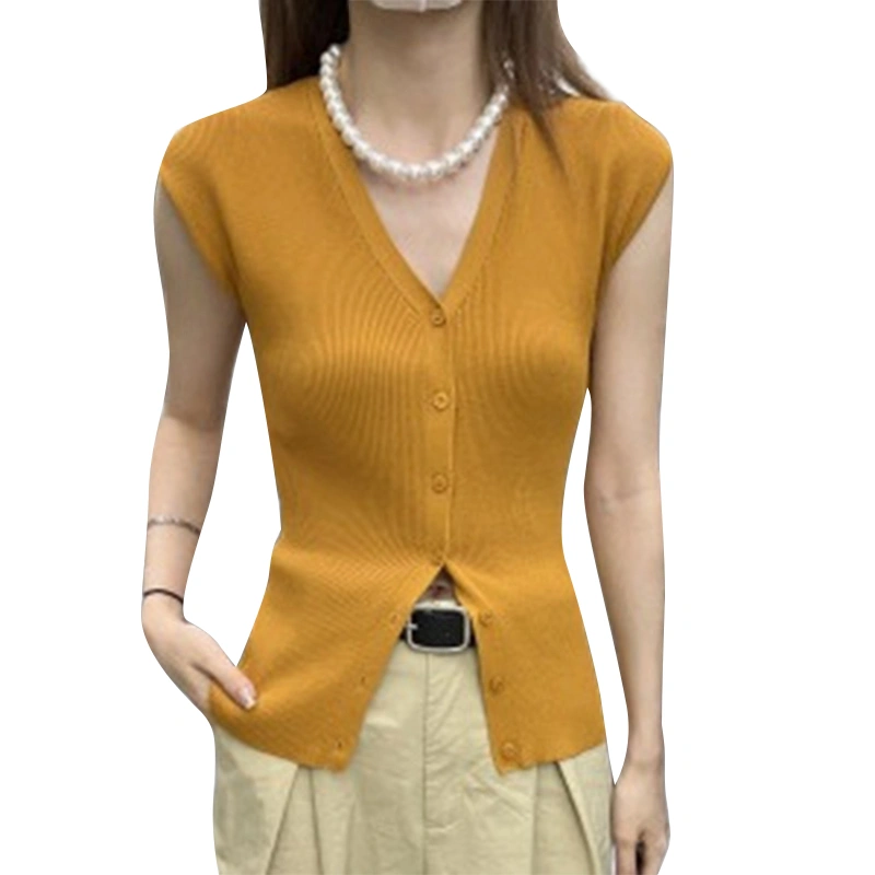 Women Knitted Tops Button-up Slim Fit V-Neck Solid Color Crop Cardigan