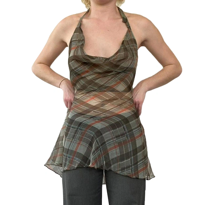 Women's Plaid Print Tank Tops Sleeveless Halter Cowl Neck Flowy Vest