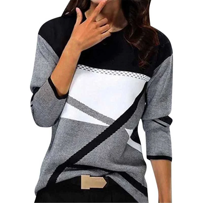 Women Oversized Tops Long Sleeve Round Neck Contrast Color T-shirt