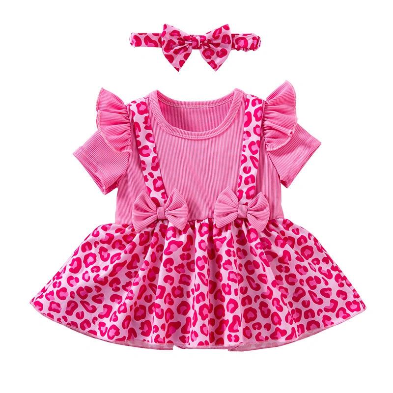 Baby Girls Romper Dress Short Sleeve Patchwork Jumpsuit Headband