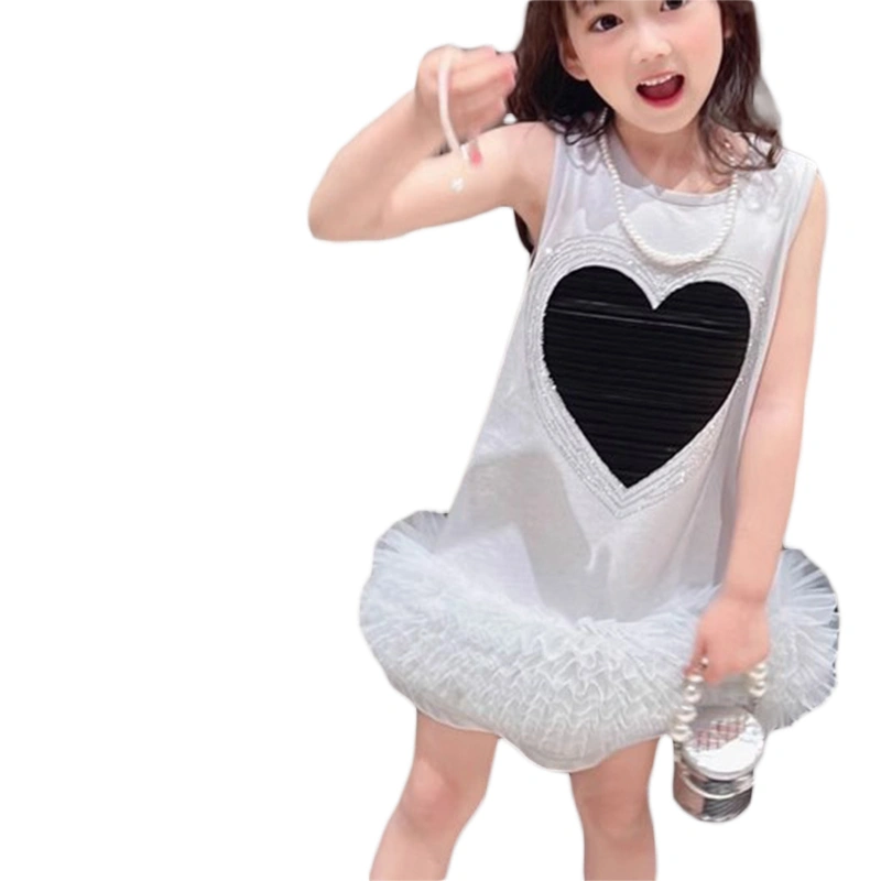 Little Girl's Tank Dress Cute Rhinestone Heart Sleeveless Tulle Dress 