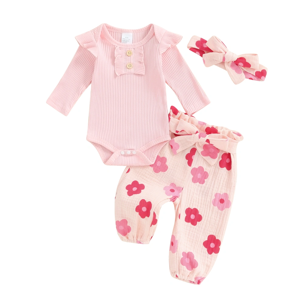 Baby Girls 3Pcs Fall Outfits Ribbed Romper + Floral Pants + Headband