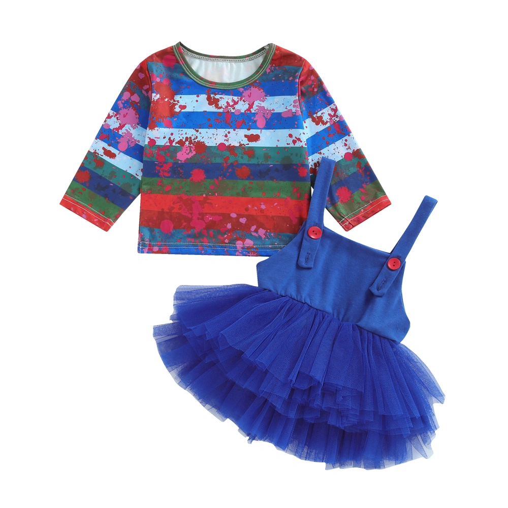 Girl 2 Piece Outfit Bloody Stripe Print Tops and Tulle Suspender Skirt