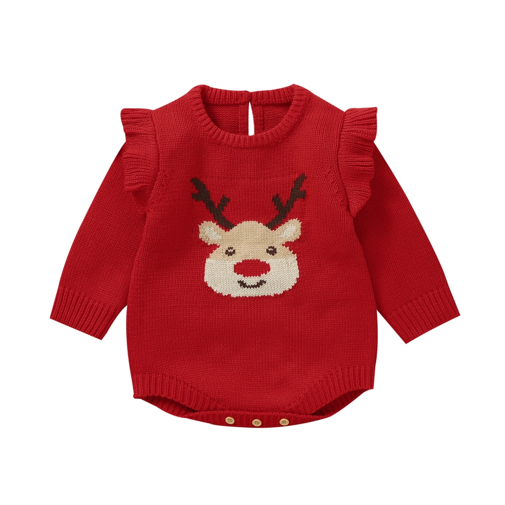 Baby Girls Christmas Romper, Long Sleeve Deer Knit Bodysuit Sweater