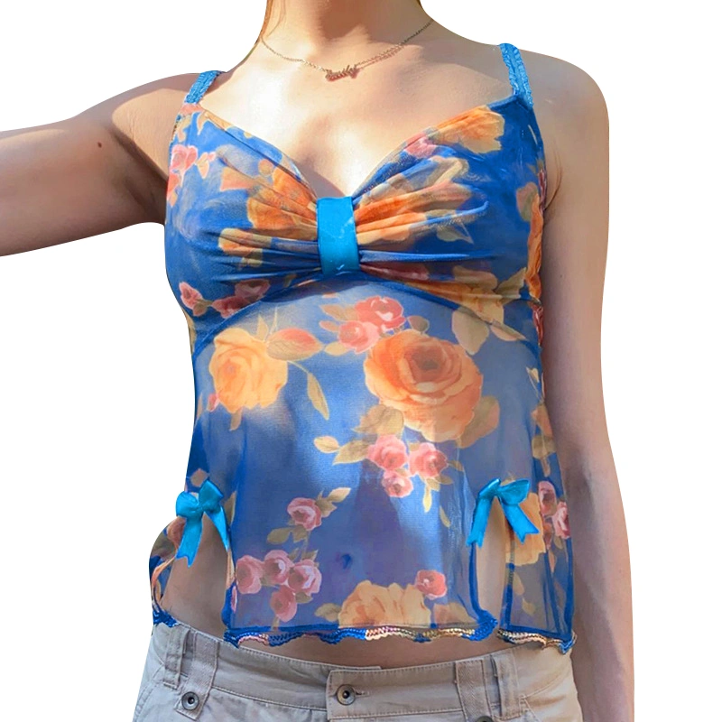 Women Floral Camisole Bow Lacy Strap Cut-out Slim Fit Crop Tank Tops