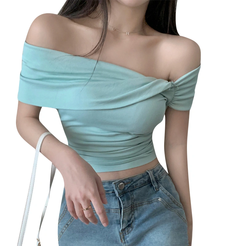 Women Irregular Twist Short Sleeve Solid Color Off Shoulder T-shirt