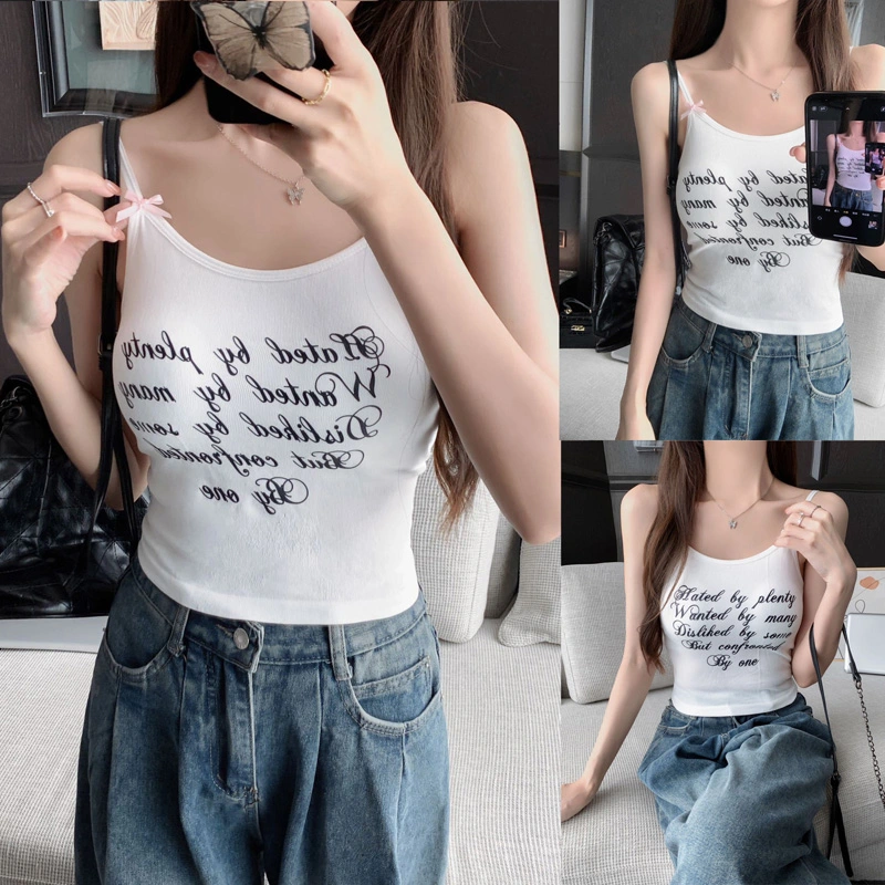 Women's Little Bow Cami Tops Spaghetti Strap Letter Print Camisole