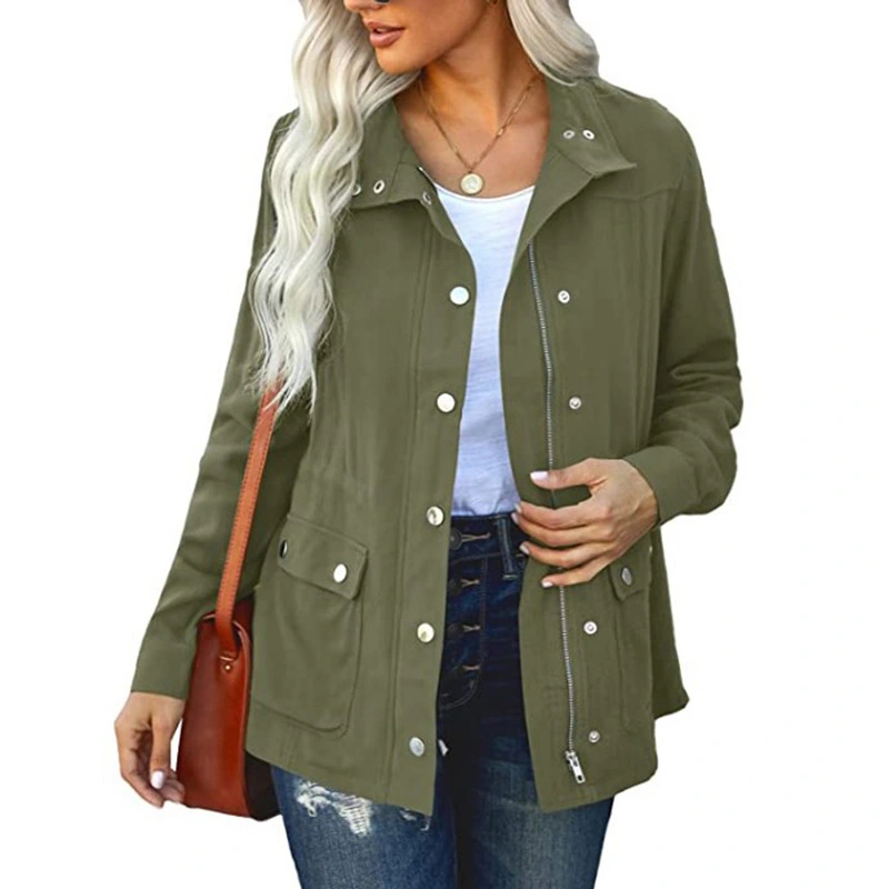 Womens Cargo Jacket Lapel Neck Zipper Long Sleeve Tops with Pockets 