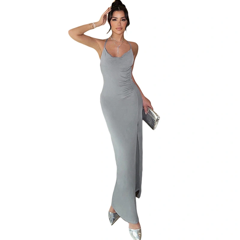 Women Cami Dress Solid Color Cowl Neck Back Cross Split Bodycon Dress 