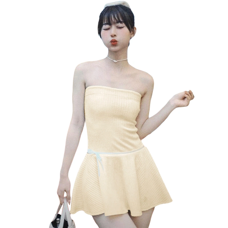 Women's Summer Tube Dress Satin Bow Strapless Mini A-Line Dress