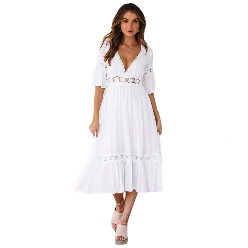 Women Short Sleeve Dress Crochet Patchwork Summer A-Line Party Dress