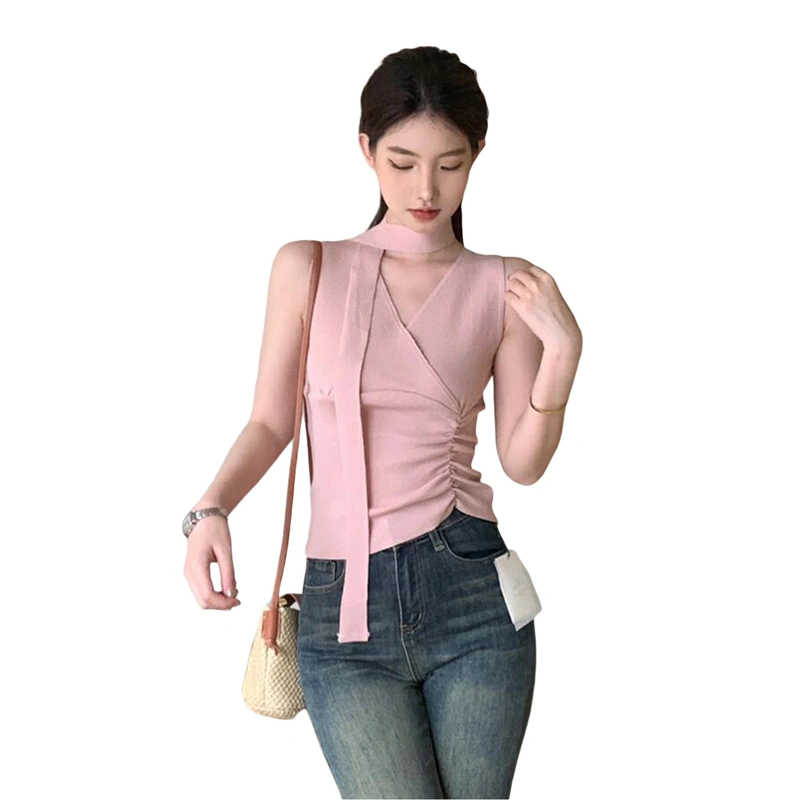 Women's Knit Vest Solid Color V-Neck Drawstring Slim Tank Tops Neckwear