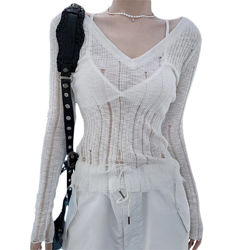 Women Long Sleeve Shirt Casual Ripped Cutout V-Neck Knitted Tops