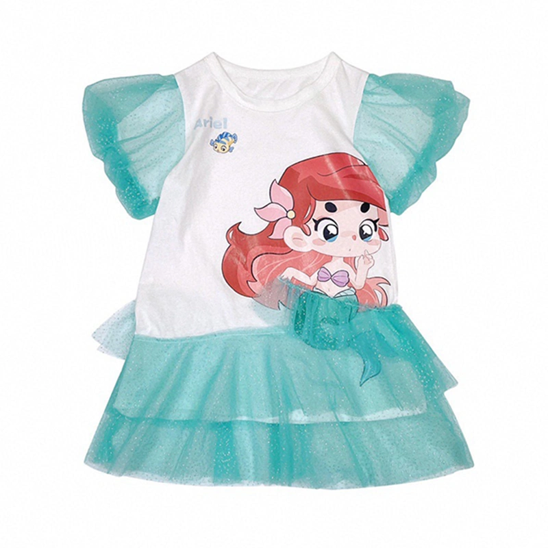 Girl Summer Dress Puff Sleeves Round Neck Mermaid Print Tulle Dress 