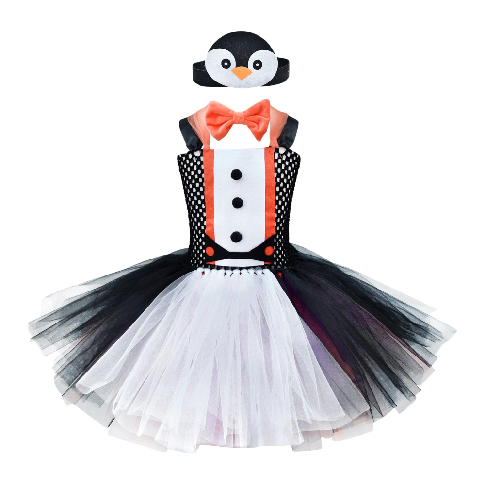 Girl’s Penguin Costume, Sleeveless Tulle Dress with Bow Tie Headband