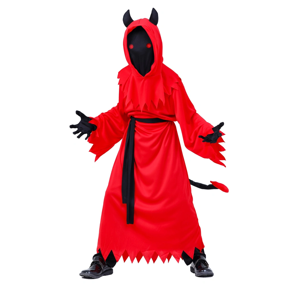 Kids Boys Halloween Devil Costume Classic Red Robe Hood Belt Gloves