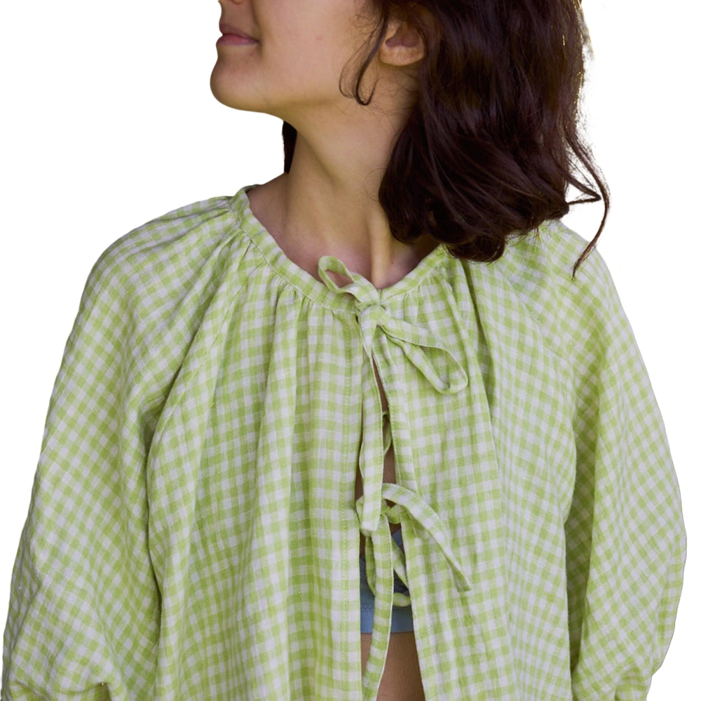 Women Short Sleeve Shirts Plaid Tie-Up Front Fashion Blouses