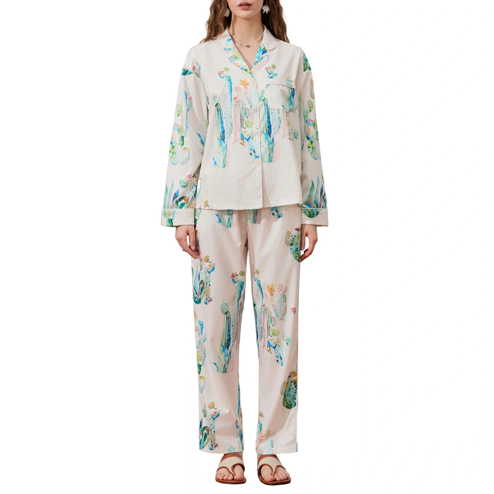 Women Pajama Set Cactus Print Long Sleeve Button-down Shirt with Pants