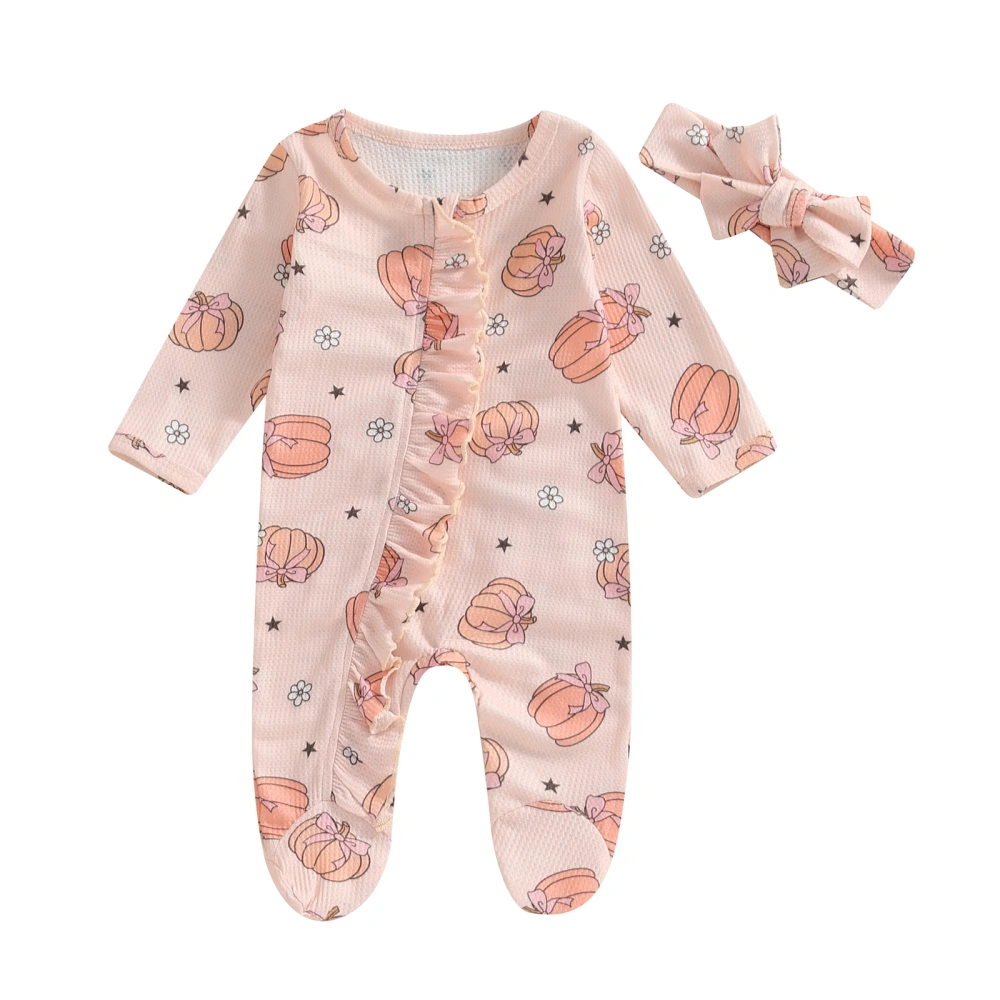 Baby Halloween Clothes Pumpkin Print Footed Jumpsuit with Headband