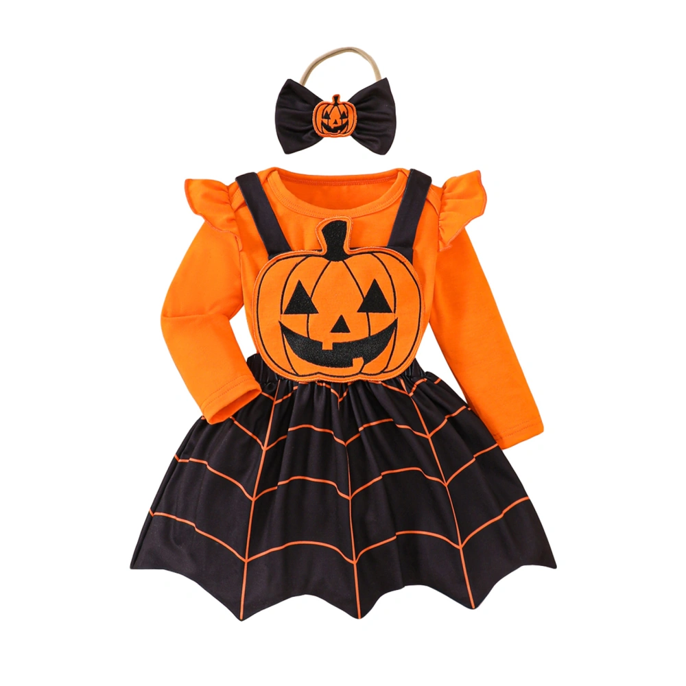 Baby Set Flying Sleeve Romper Pumpkin Patch Suspender Skirt Headband