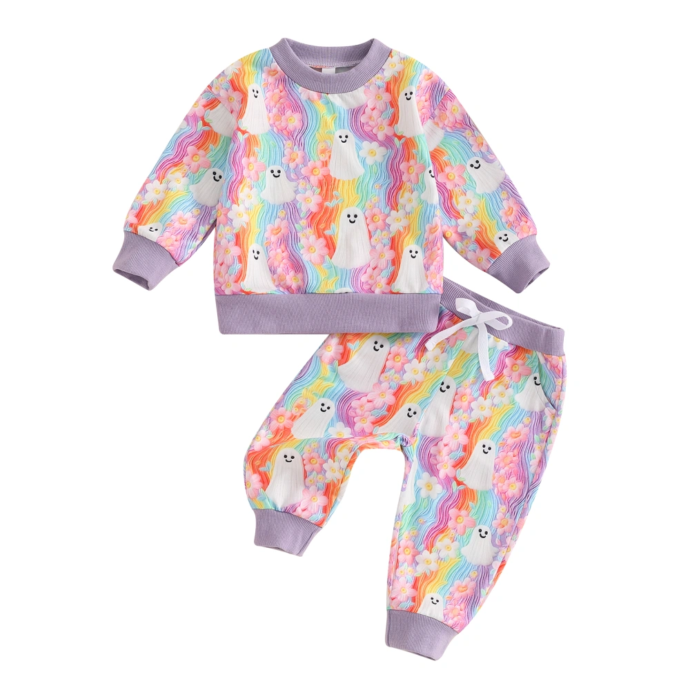 Girls Halloween Outfits Ghost Floral Print Sweatshirt and Pants