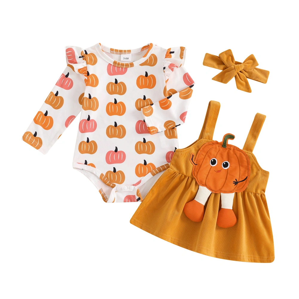 Baby Girl Pumpkin Outfit Ruffle Romper Patch Suspender Skirt Headband 