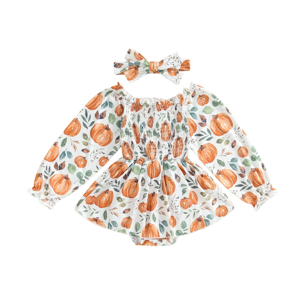 Baby Girl Halloween Outfit, Off-shoulder Pumpkin Print Romper Headband