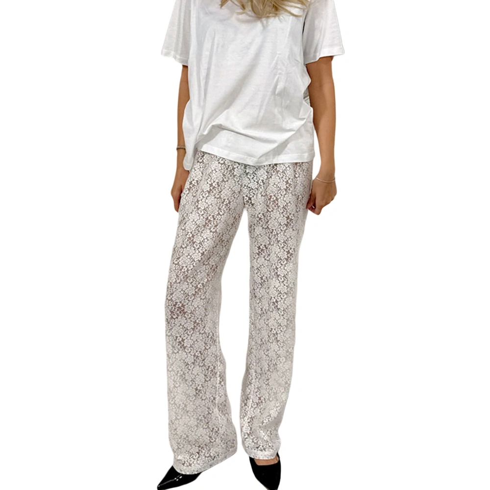 Women Lace See-Through Pants Elastic Waist Loose Casual Trousers