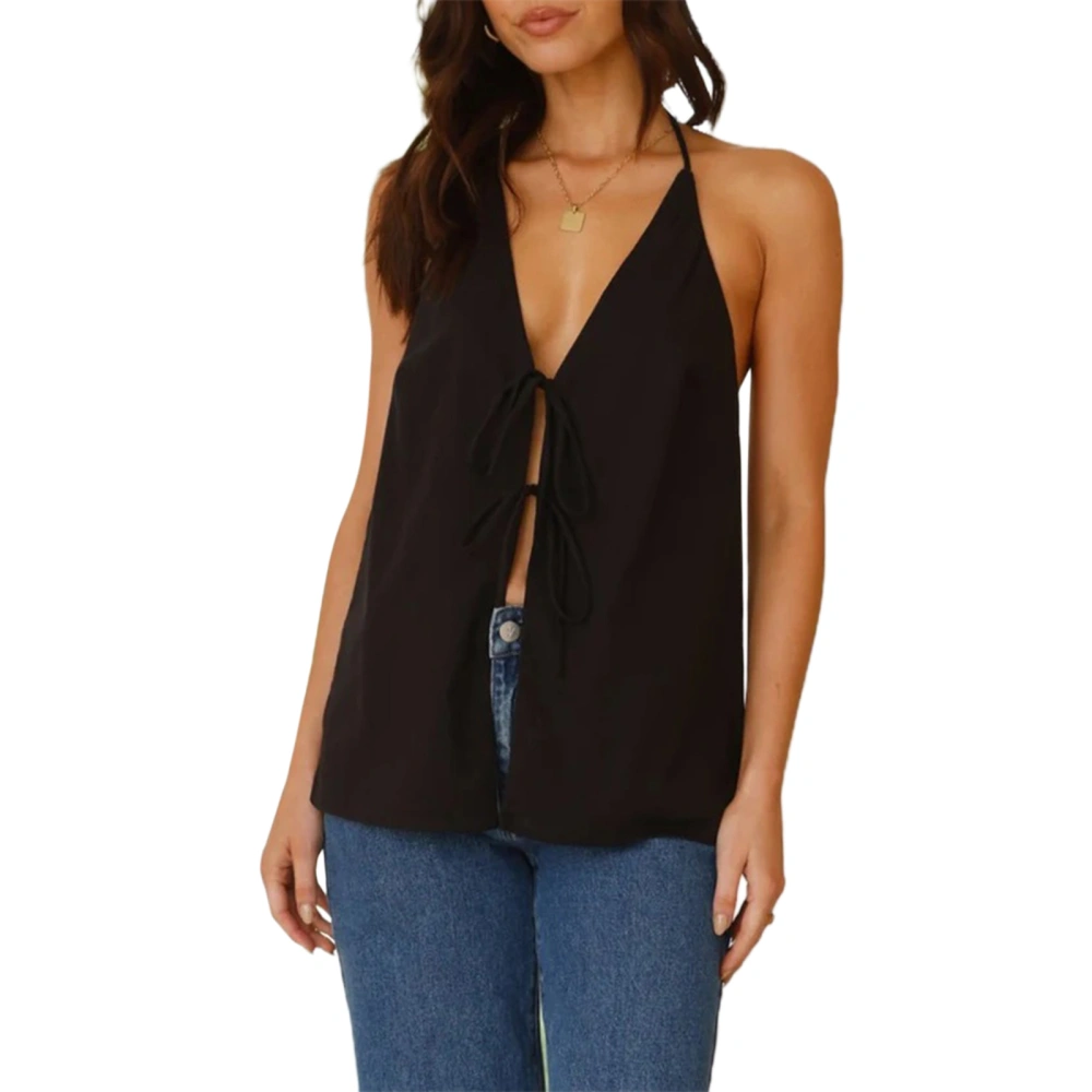 Womens Halter Neck Cami Tops Solid Low Cut Open Back Tie-Up Shirt 