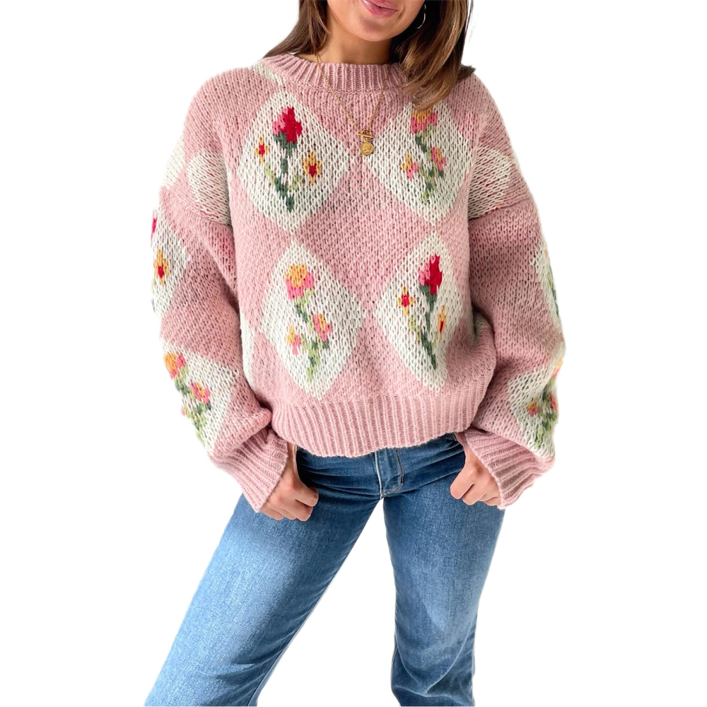 Women's Floral Print Sweaters Long Sleeve Crew Neck Chunky Knit Tops