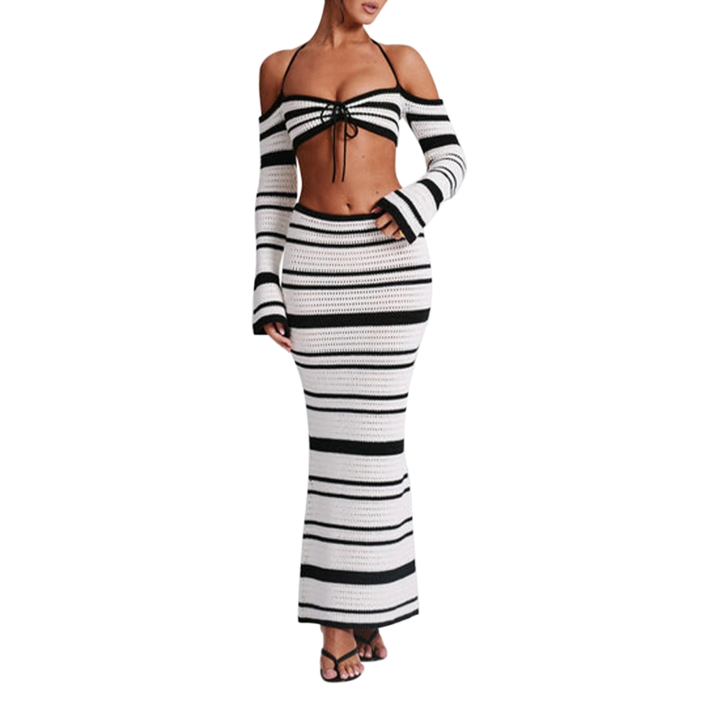 Women Skirt Outfits Halter Neck Knit Striped Tops Long Skinny Skirt