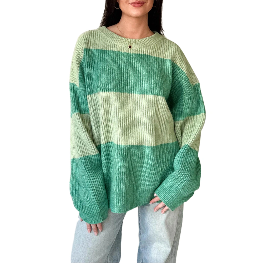 Women Cute Loose Sweaters Contrast Color Crew Neck Warm Pullover