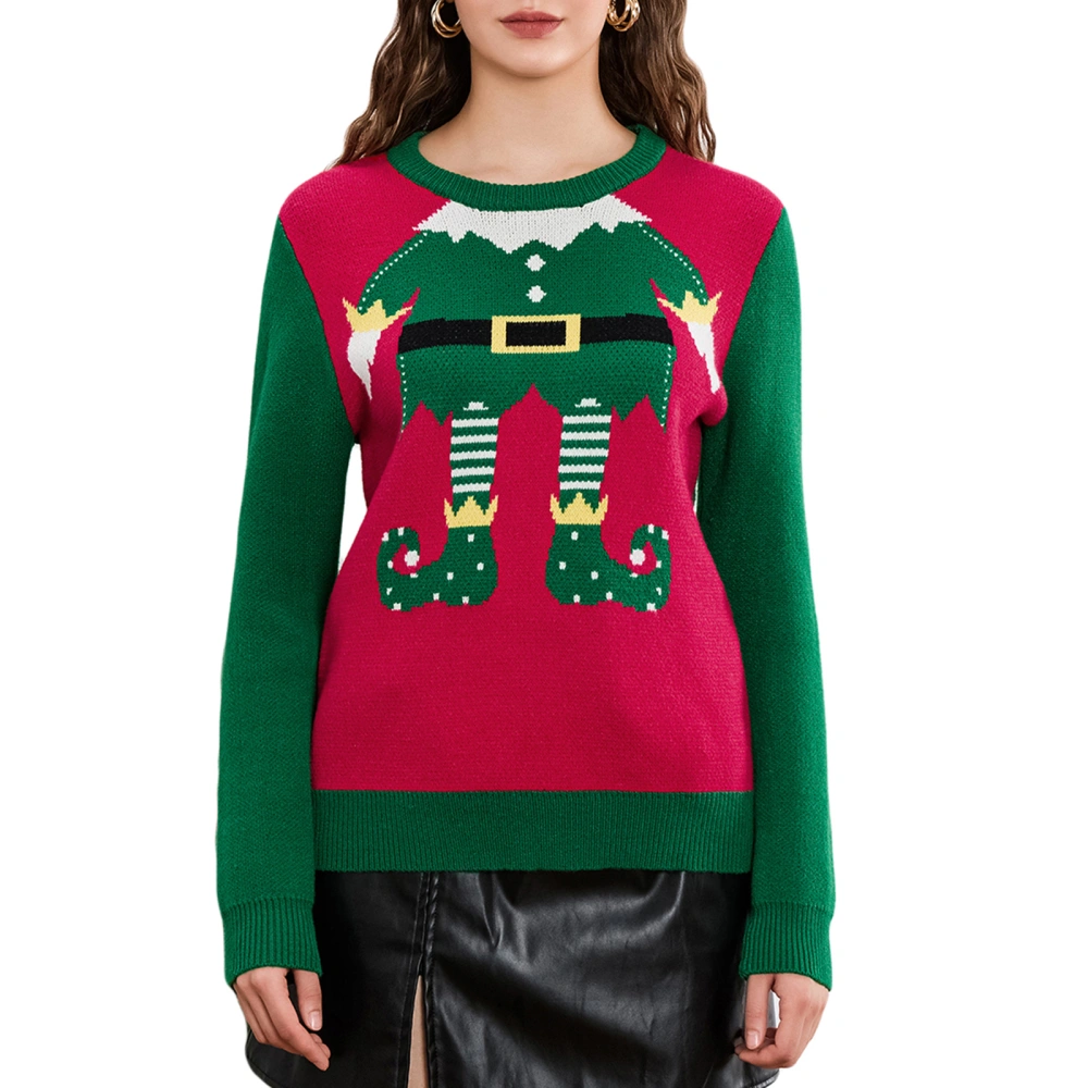 Women Cute Christmas Sweaters Elf Legs Print Crew Neck Warm Pullover