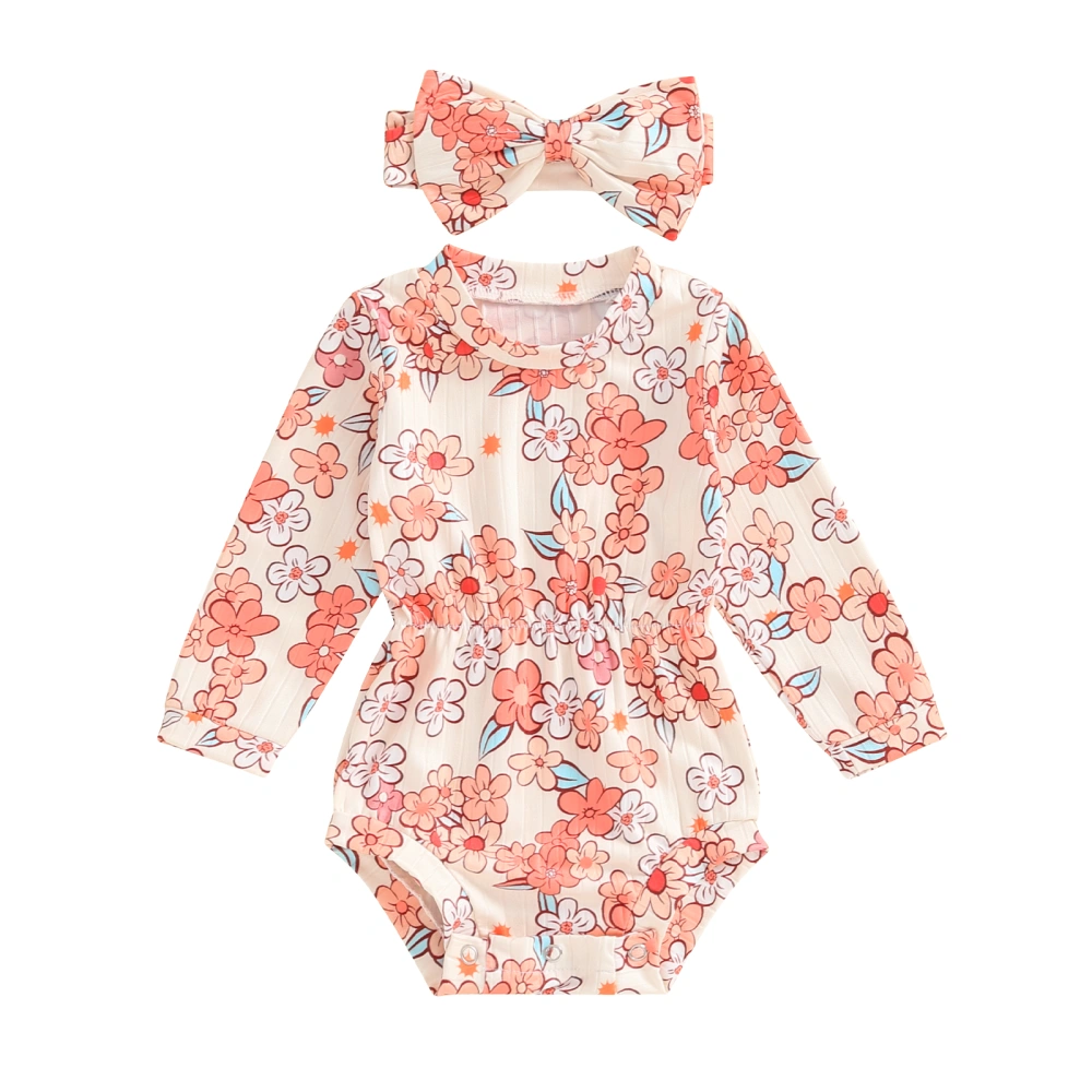 Baby Girl Floral Romper Long Sleeve O Neck Romper with Headband