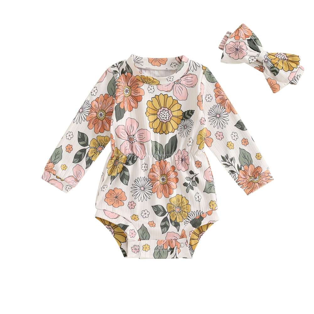 Newborn Girl Outfit, Long Sleeve Flower Print Romper with Hairband