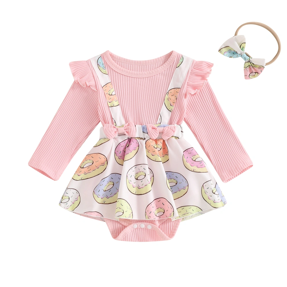 Baby Girl Outfit Donut Print Long Sleeve Ribbed Romper Dress Headband 