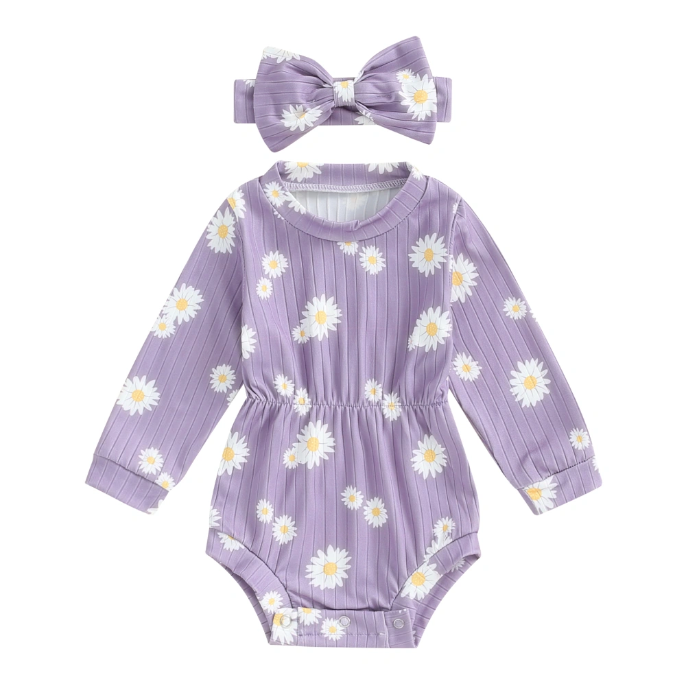 Baby Girl Romper Sunflower Print Long Sleeve Jumpsuit Headband