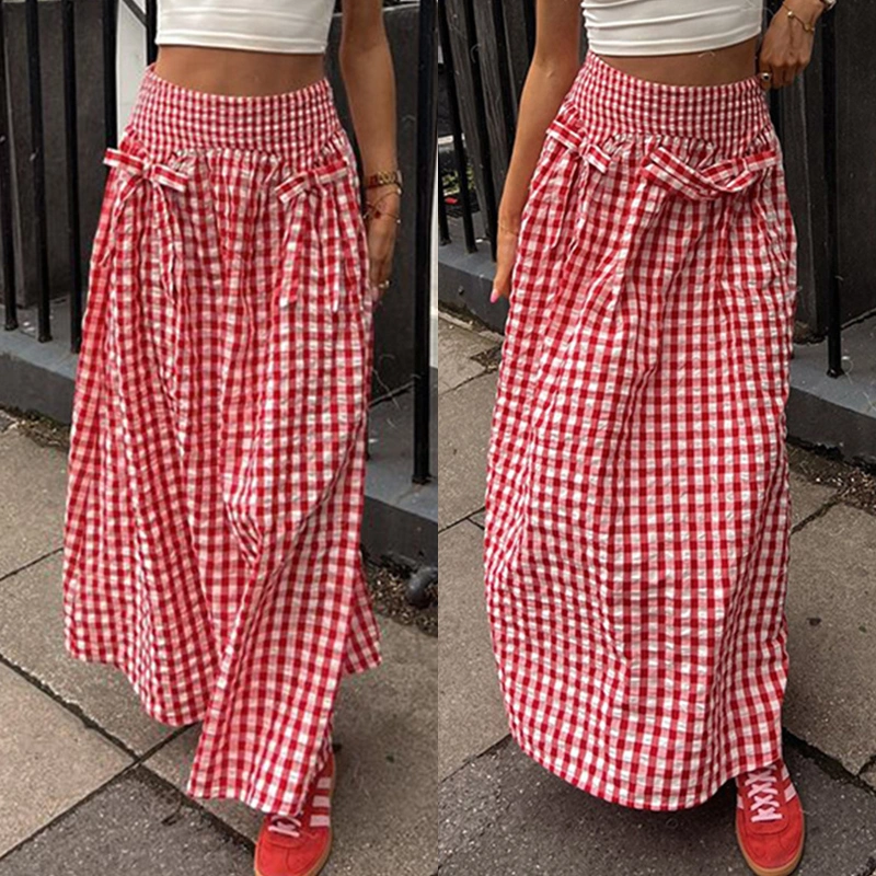 Women Plaid Long Skirts Casual Summer Cute Bow Elastic A-Line Skirt 