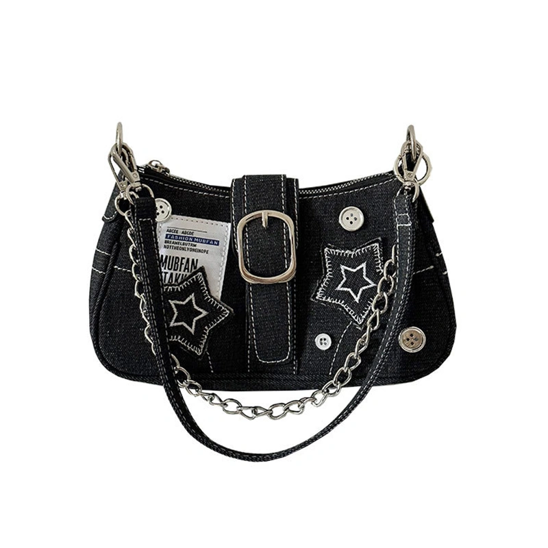 Women Denim Shoulder Bag Star Pattern Handbag Underarm Bag Purse