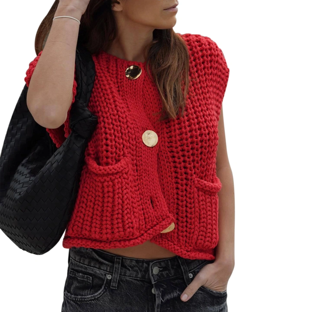 Women Sweater Tank Tops Solid Color Button Front V-Neck Knit Vest 