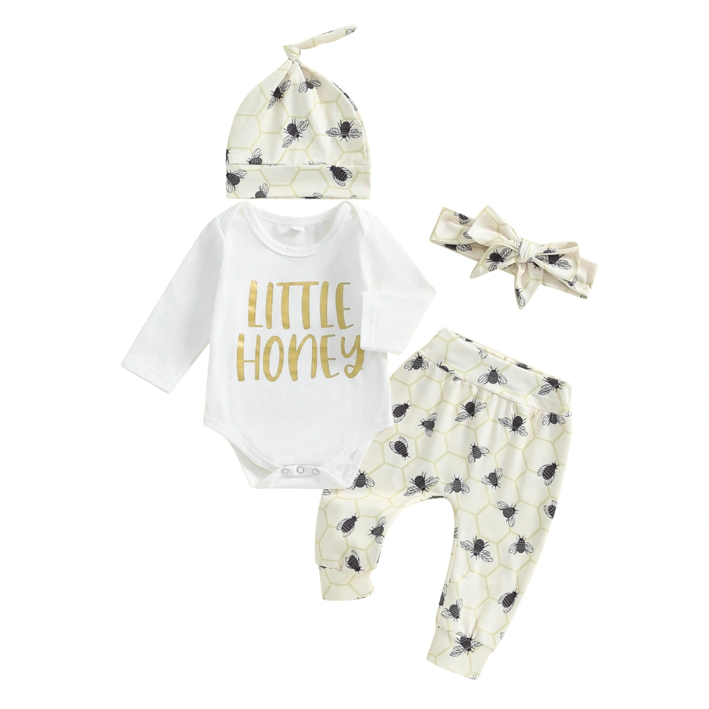 Baby Sets Letter Long Sleeve Romper Bee Pants Hat Headband Outfits