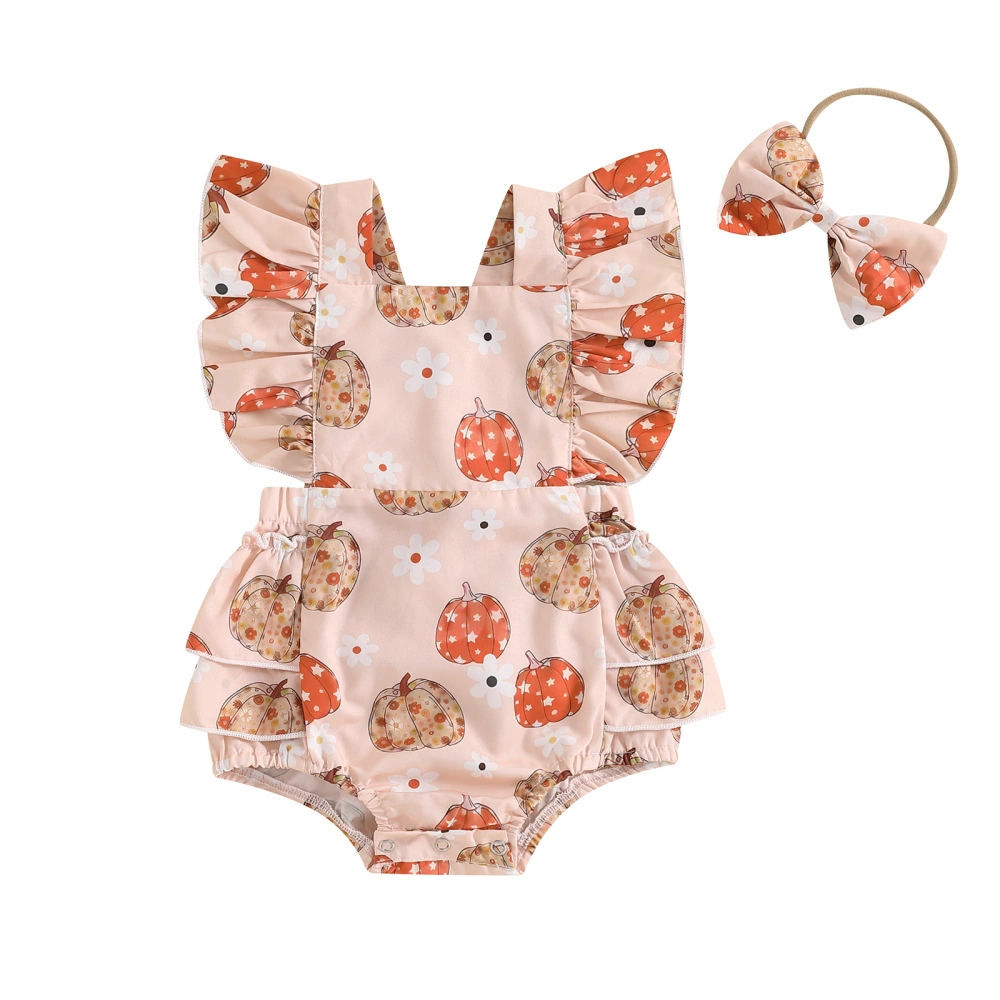 Baby Girl Halloween Outfit Pumpkin Fly Sleeve Romper Bow Headband