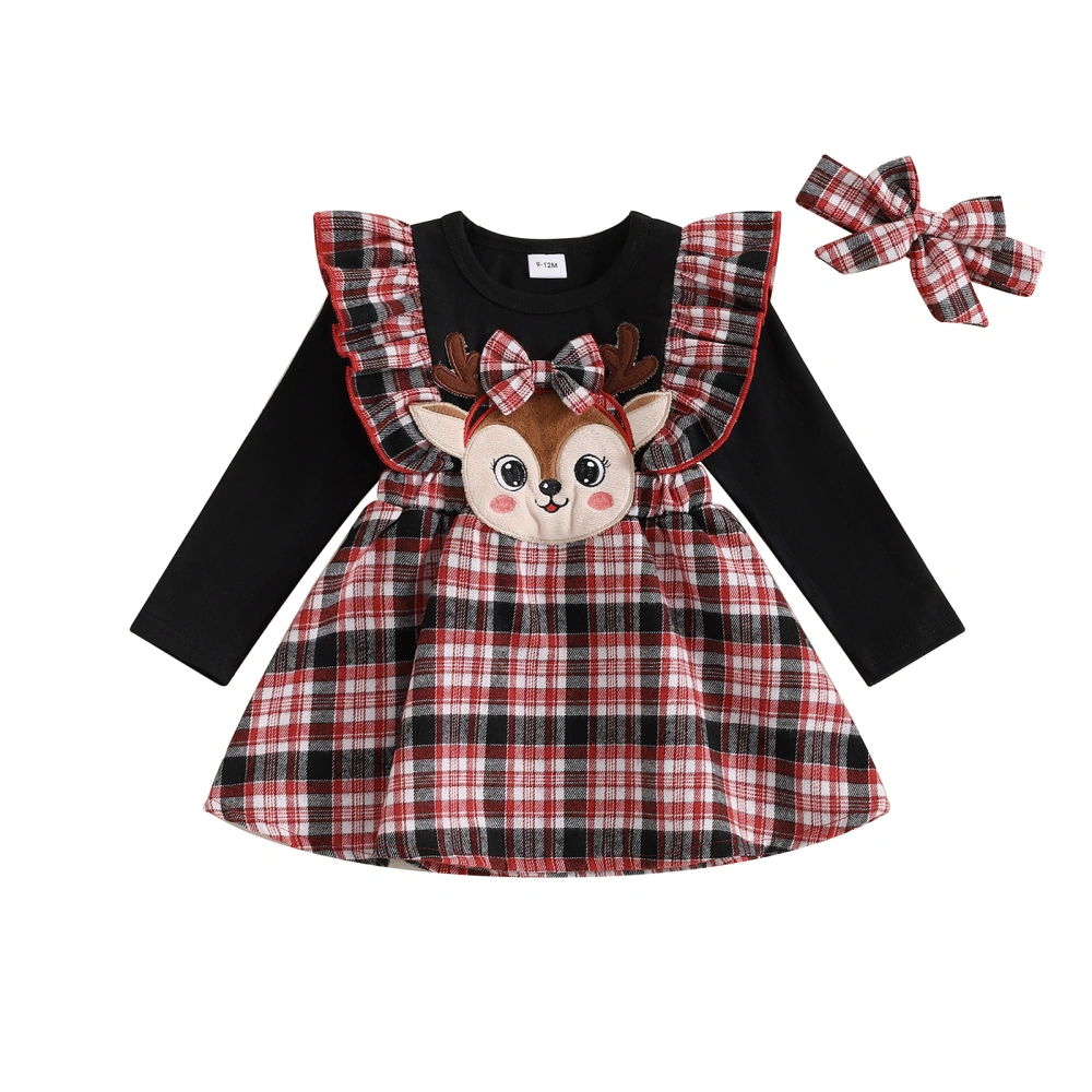 Baby Girl Christmas Costume, Long Sleeve Plaid Deer Dress Headband