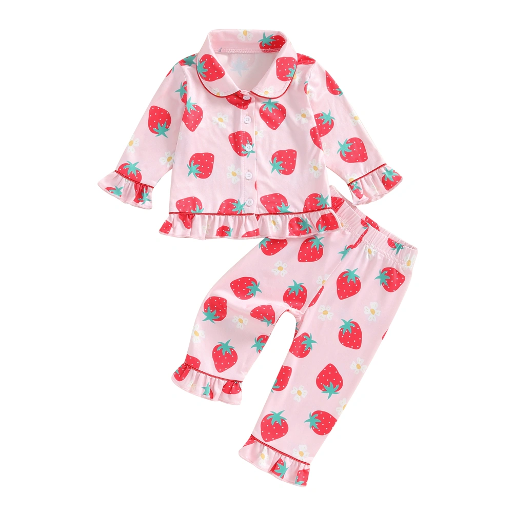 Kids Girls Pajamas Set Strawberry Print Long Sleeve Ruffled Tops Pants