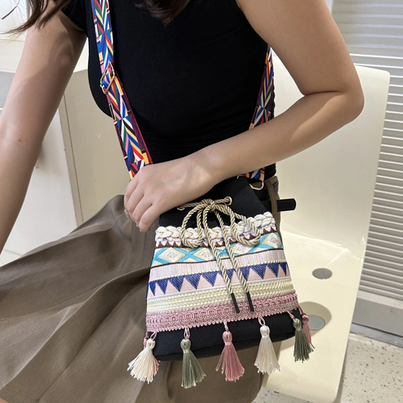 Womens Woven Shoulder Bag Chinese Style Tassel Crossbody Purse