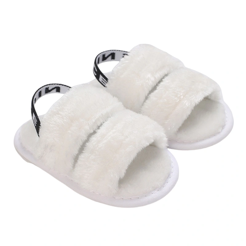Baby Girl Fuzzy Slippers Letter Elastic Band Plush Open Toe Shoes